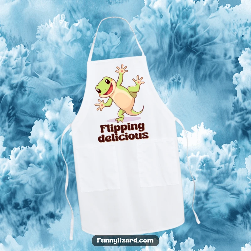 Funny apron showing a playful lizard doing a cartwheel with a wide grin, perfect for cooking with energetic fun.