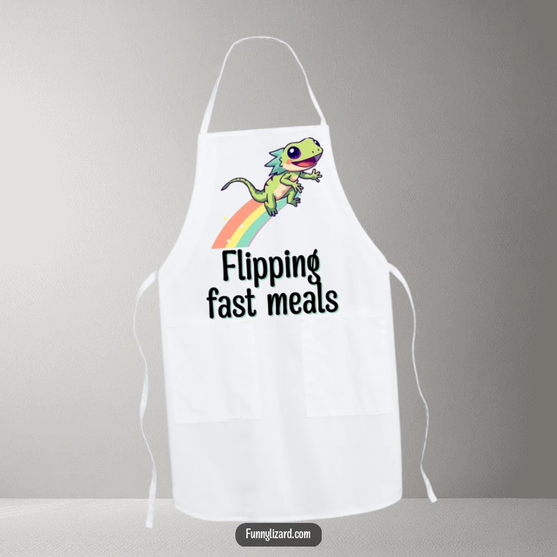 Funny energetic lizard zooming down a rainbow with sparkles, printed on a functional and humorous kitchen apron.