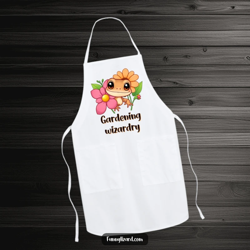 Funny brown lizard apron, showing a curious lizard with big eyes peeking from behind a colorful flower, perfect for kitchen fun.