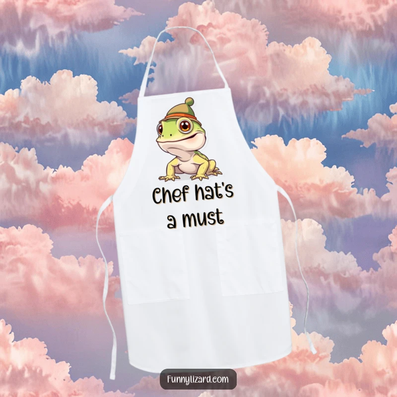 Funny goofy lizard wearing a tiny hat on a kitchen apron, ready for culinary adventures with humor.