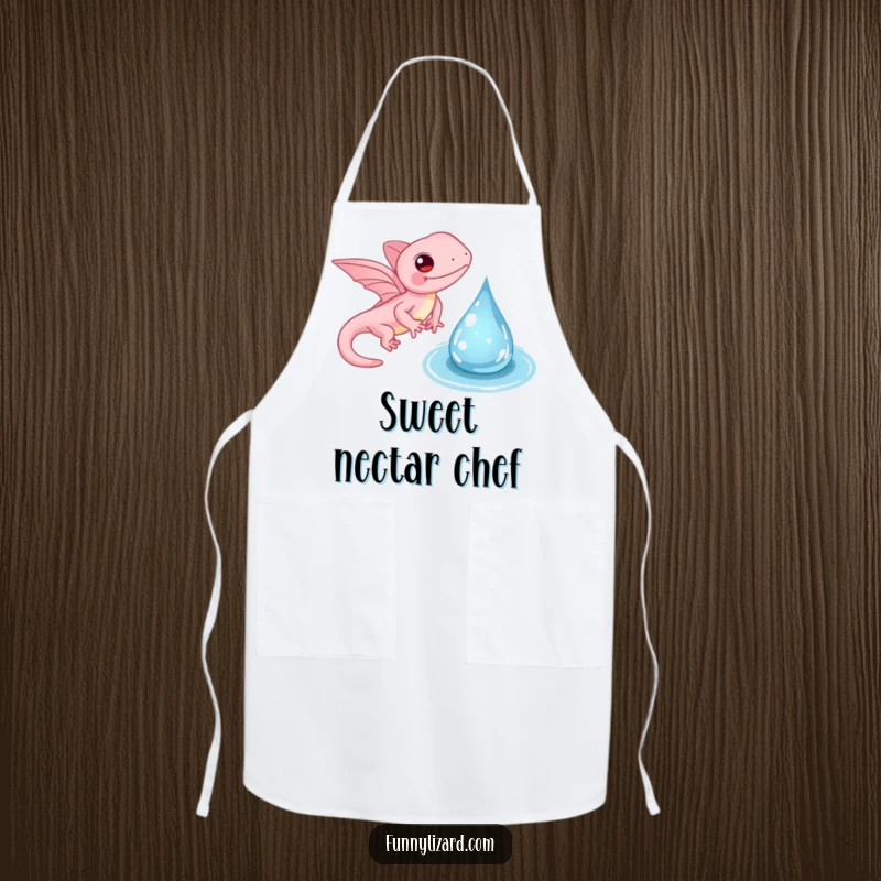 Funny pink lizard apron, showing a whimsical lizard with tiny wings gently flapping near a water droplet, ideal for kitchen activities.
