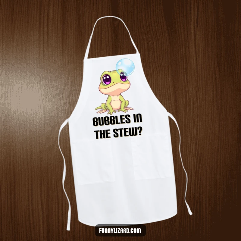 Funny surprised lizard with wide eyes reacting to a bubble on a kitchen apron, adding humor to cooking.