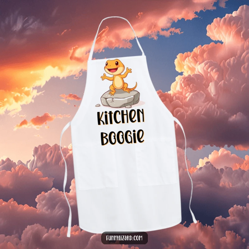 Funny orange lizard apron, showing a happy lizard with short legs doing a little jig on a rock, ideal for cooking.