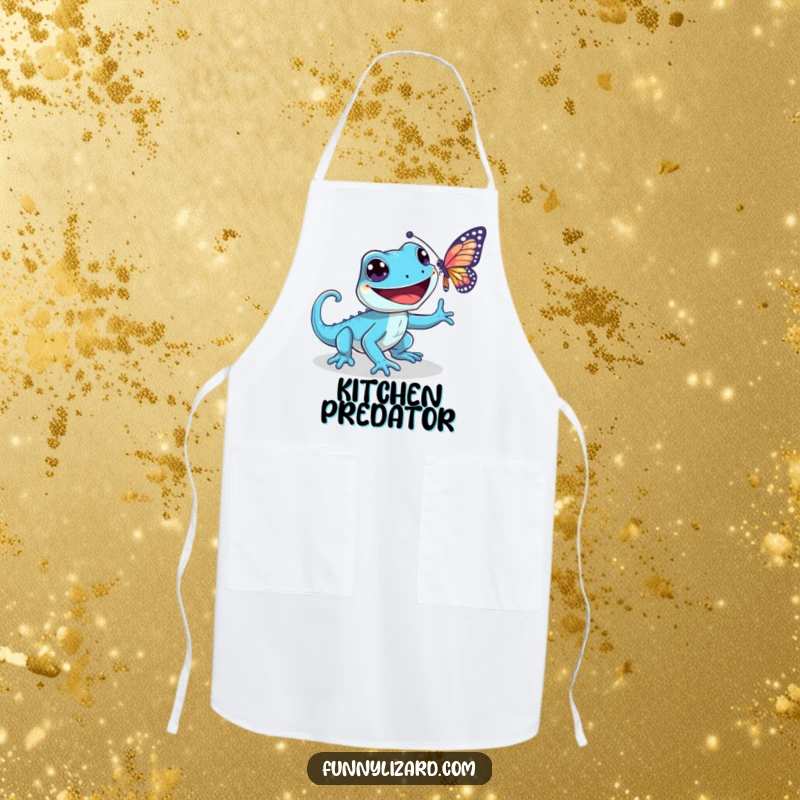 Funny blue lizard apron, showing a playful lizard with a wide grin chasing a shimmering butterfly, ideal for kitchen activities.
