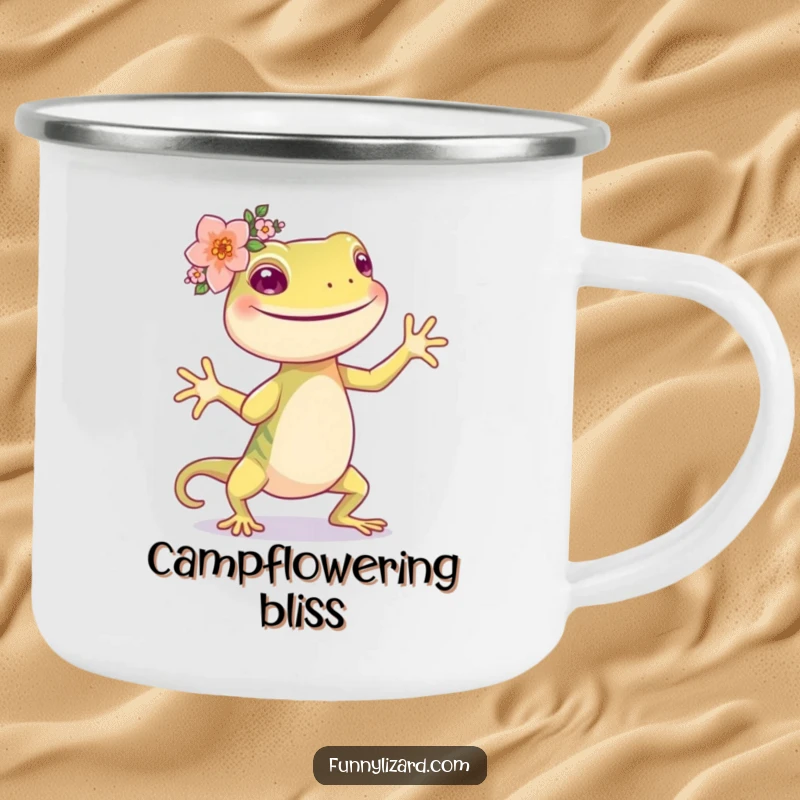 Funny happy lizard wearing a flower crown, dancing on a durable enamel camping mug.