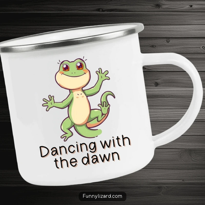 Funny energetic lizard dancing around a campfire mug, perfect for outdoor adventures and humor.