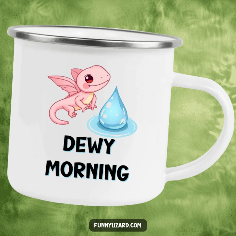 Funny pink lizard camping mug, showing a whimsical lizard with tiny wings gently flapping near a water droplet, for outdoor enchantment.