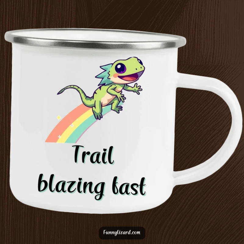 Funny energetic lizard zooming down a rainbow with sparkles, printed on a durable enamel camping mug.