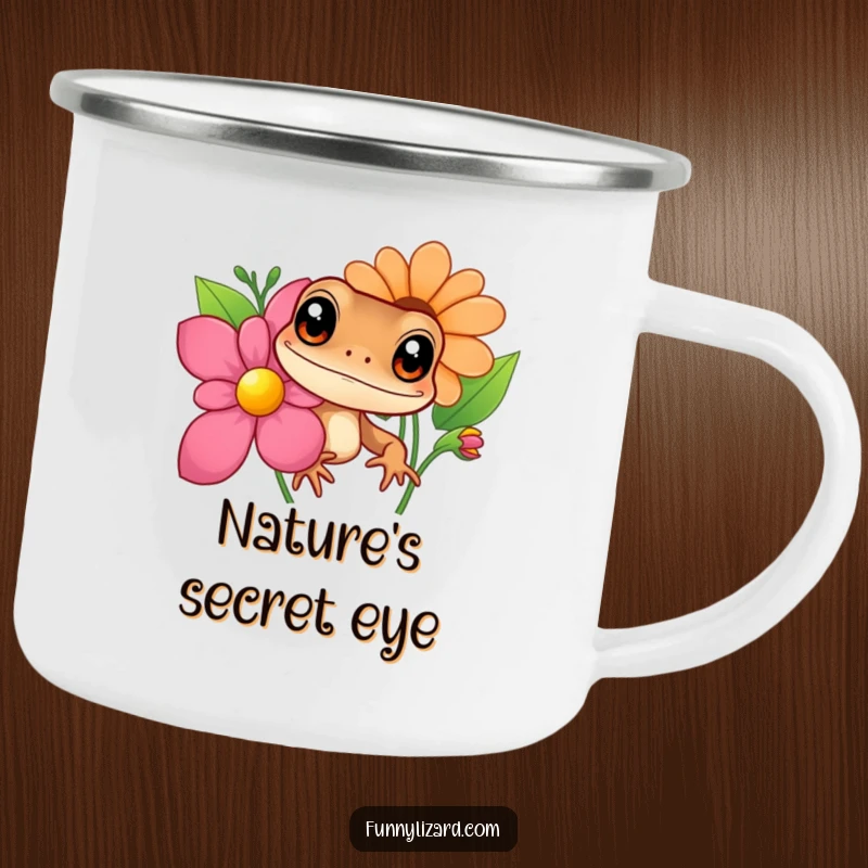 Funny brown lizard camping mug, showing a curious lizard with big eyes peeking from behind a colorful flower, for rugged adventures.