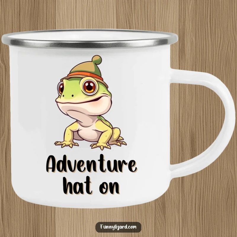Funny goofy lizard sporting a small, comical hat on a durable camping mug, ready for the outdoors.