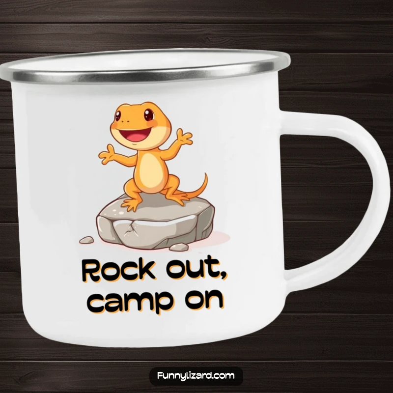 Funny orange lizard camping mug, showing a happy lizard with short legs doing a little jig on a rock, for outdoor enjoyment.