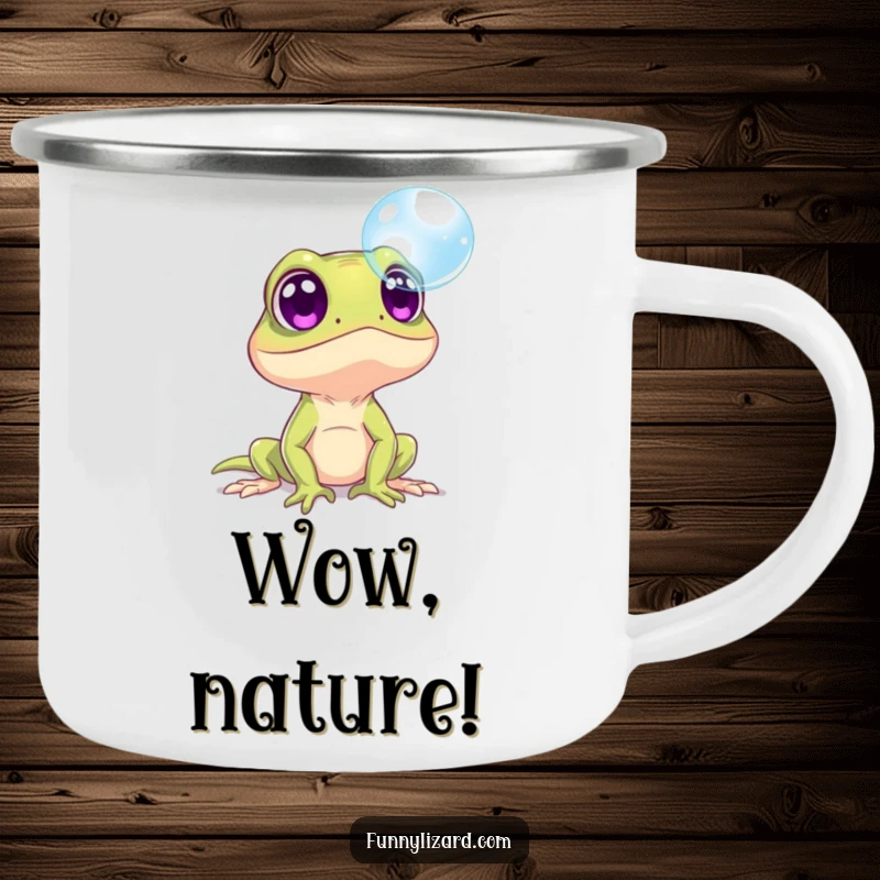 Funny surprised lizard with wide eyes watching a bubble on a durable camping mug, perfect for outdoor joy.