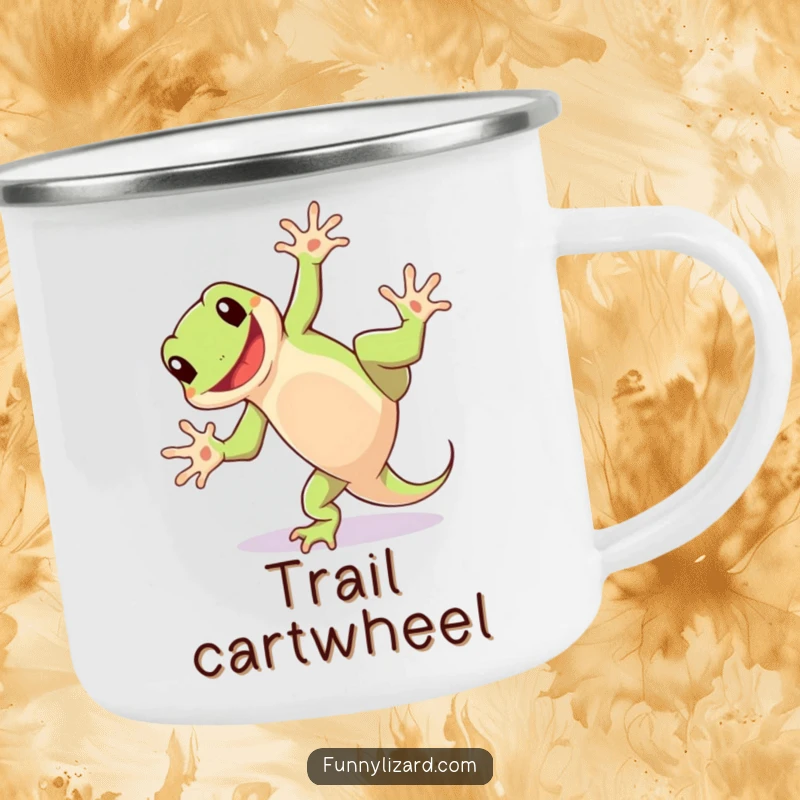 Funny camping mug featuring a playful lizard doing a cartwheel with a wide grin, perfect for outdoor fun.