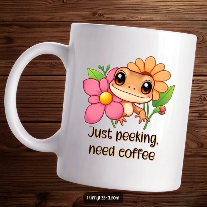 Funny brown lizard mug with big curious eyes peeking from behind a bright, colorful flower, showcasing an adorable and heartwarming scene.