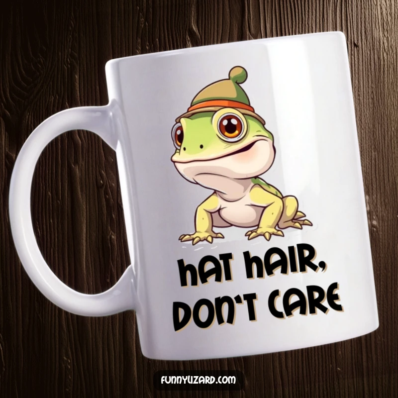Funny goofy lizard wearing a comically small hat, looking charming and slightly bewildered on this mug.