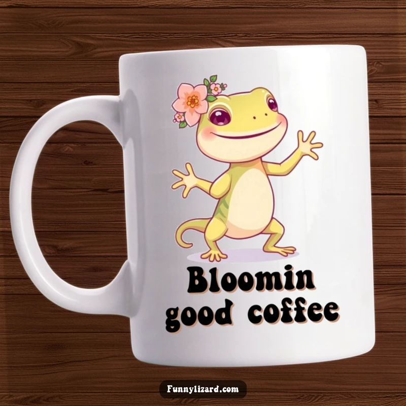 Funny happy lizard wearing a tiny flower crown, joyfully dancing on a mug.