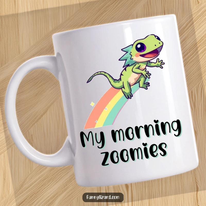 Funny lizard zooming on a rainbow with sparkles, radiating pure joy and energy, depicted on a ceramic mug.
