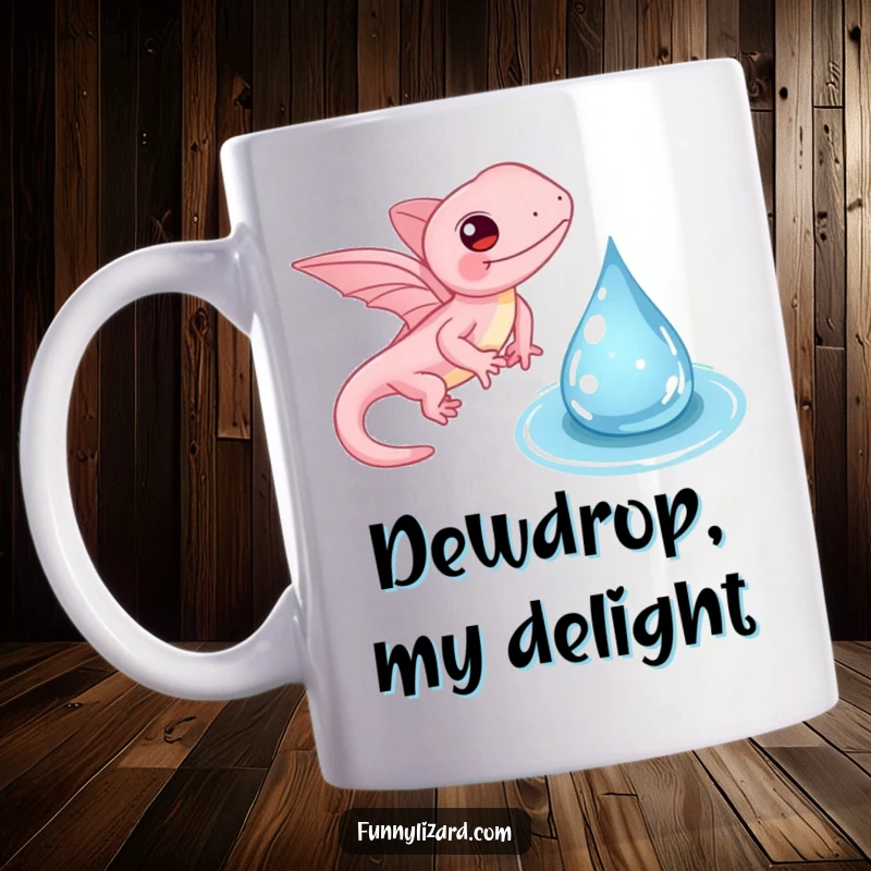 Funny pink lizard mug, with tiny wings gently flapping near a sparkling water droplet, portraying a magical and serene moment.