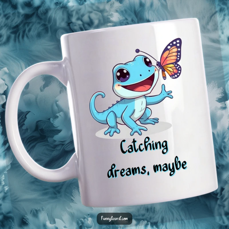 Funny blue lizard mug, with a wide grin, playfully chasing a shimmering butterfly, capturing a moment of pure joy.