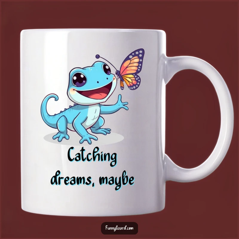 Funny Playful Blue Lizard Mug - Grinning Chasing Butterfly Design, Perfect Gift