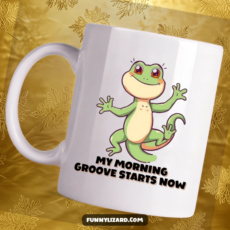 Funny energetic lizard doing a joyful tail dance, full of life and playful movement, on a ceramic mug.