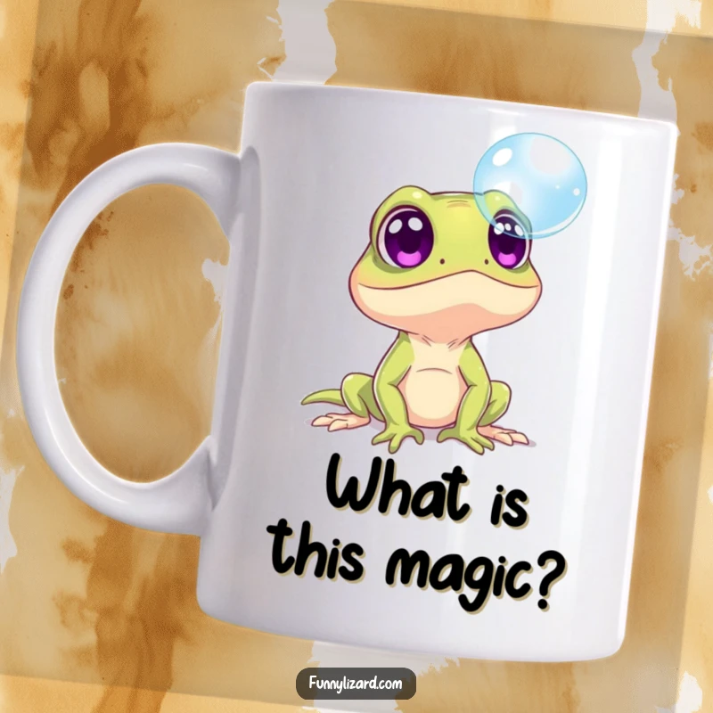 Funny surprised lizard with comically wide eyes, staring in awe at a floating bubble on a mug.