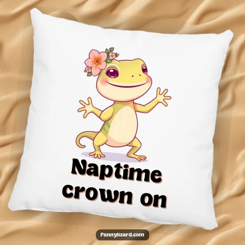 Funny happy lizard wearing a flower crown, dancing playfully on a plush pillow.