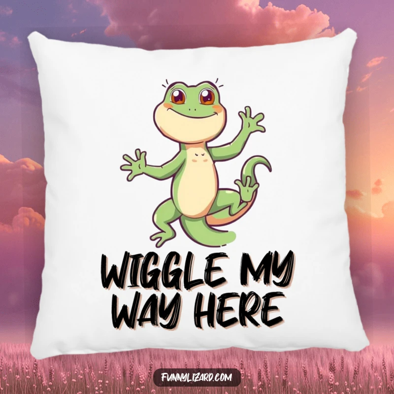 Funny energetic lizard mid-dance, its tail a blur, creating a lively and humorous accent pillow.