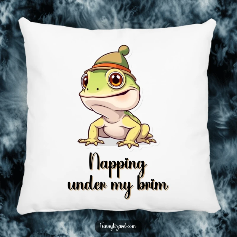 Funny goofy lizard in a funny hat, depicted on a soft and cozy pillow for humorous comfort.