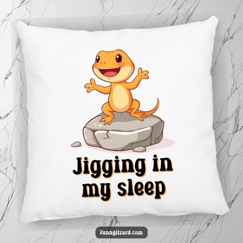 Funny orange lizard pillow, featuring a happy lizard with short legs doing a little jig on a rock, perfect for adding cheer.