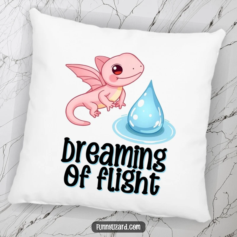 Funny pink lizard pillow, featuring a whimsical lizard with tiny wings gently flapping near a water droplet, perfect for enchanting decor.