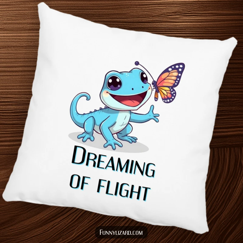 Funny blue lizard pillow, featuring a playful lizard with a wide grin chasing a shimmering butterfly, perfect for adding fun accents.