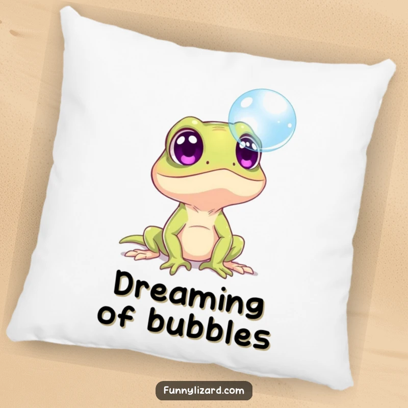 Funny surprised lizard with big, curious eyes focused on a bubble, featured on a soft accent pillow.