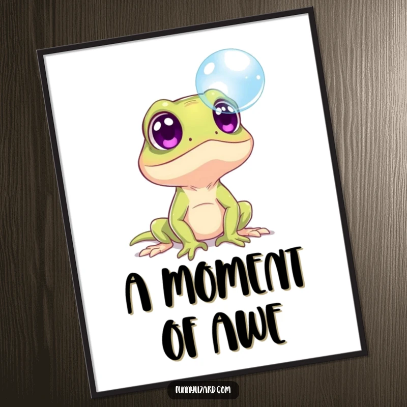 Funny surprised lizard with wide eyes looking at a floating bubble, presented as a whimsical digital art print.