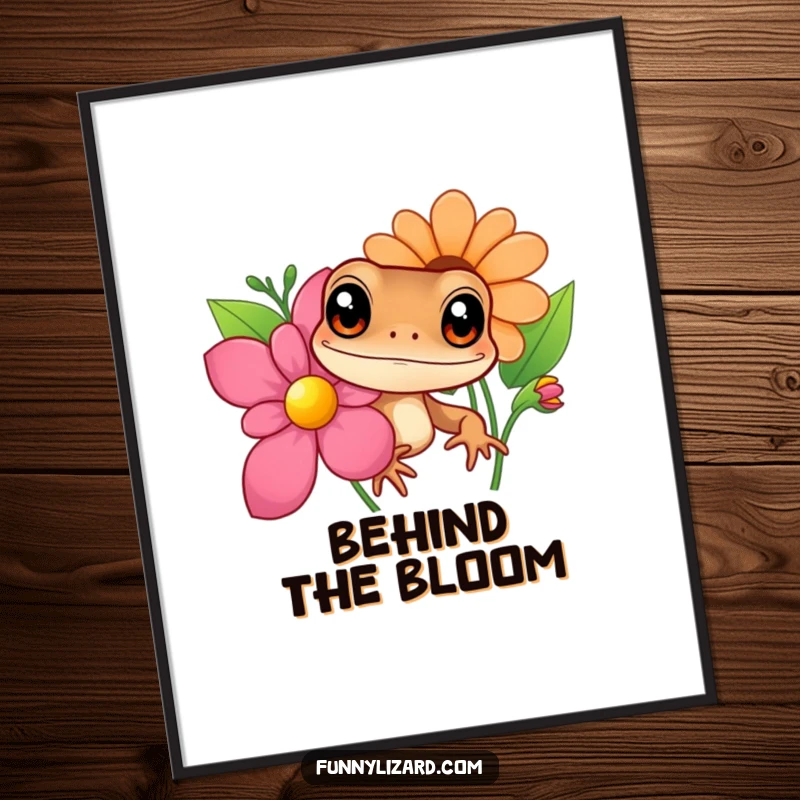 Funny brown lizard digital art print, showing a curious lizard with big eyes peeking from behind a colorful flower, a charming scene.