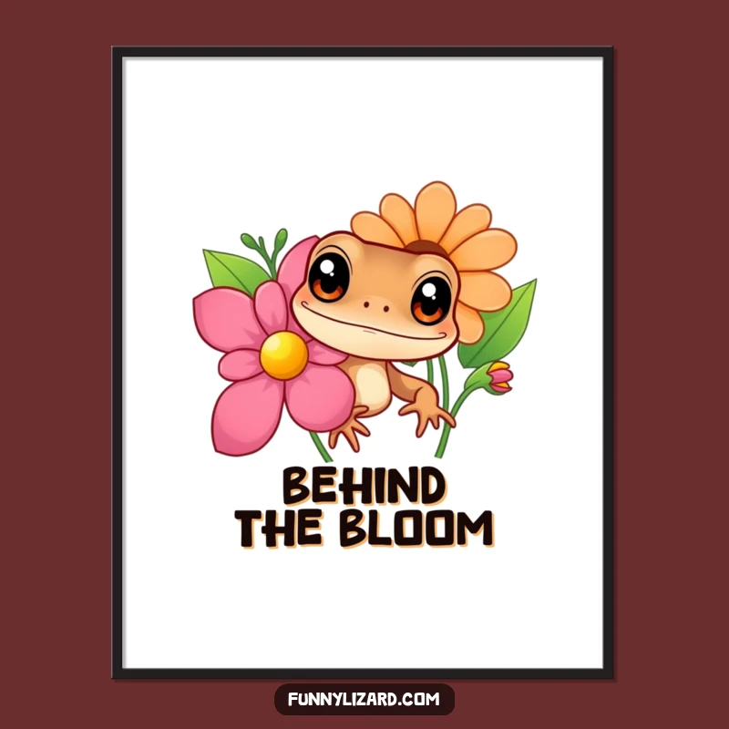 Funny Curious Lizard Digital Art - Big Eyes Peeking Flower Print, Instant Download Gift