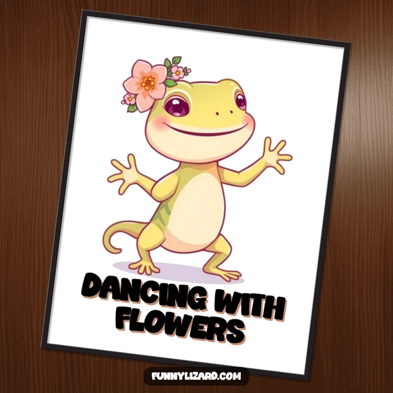 Funny happy lizard wearing a flower crown, dancing joyfully, as a digital art print.