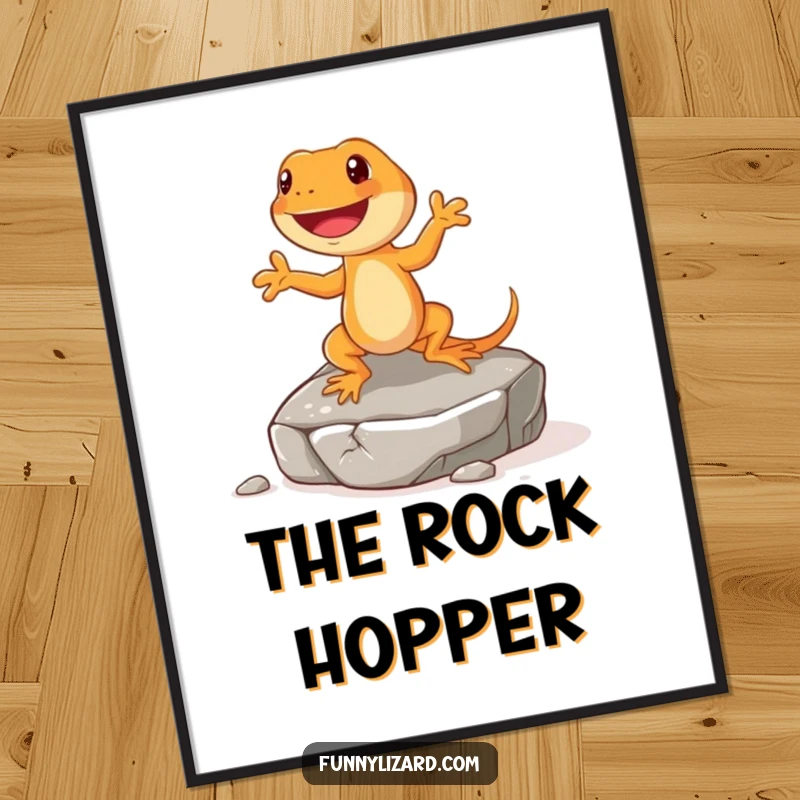Funny orange lizard digital art print, showing a happy lizard with short legs doing a little jig on a rock, a lively artwork.