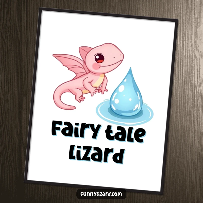 Funny pink lizard digital art print, showing a whimsical lizard with tiny wings gently flapping near a water droplet, a magical artwork.
