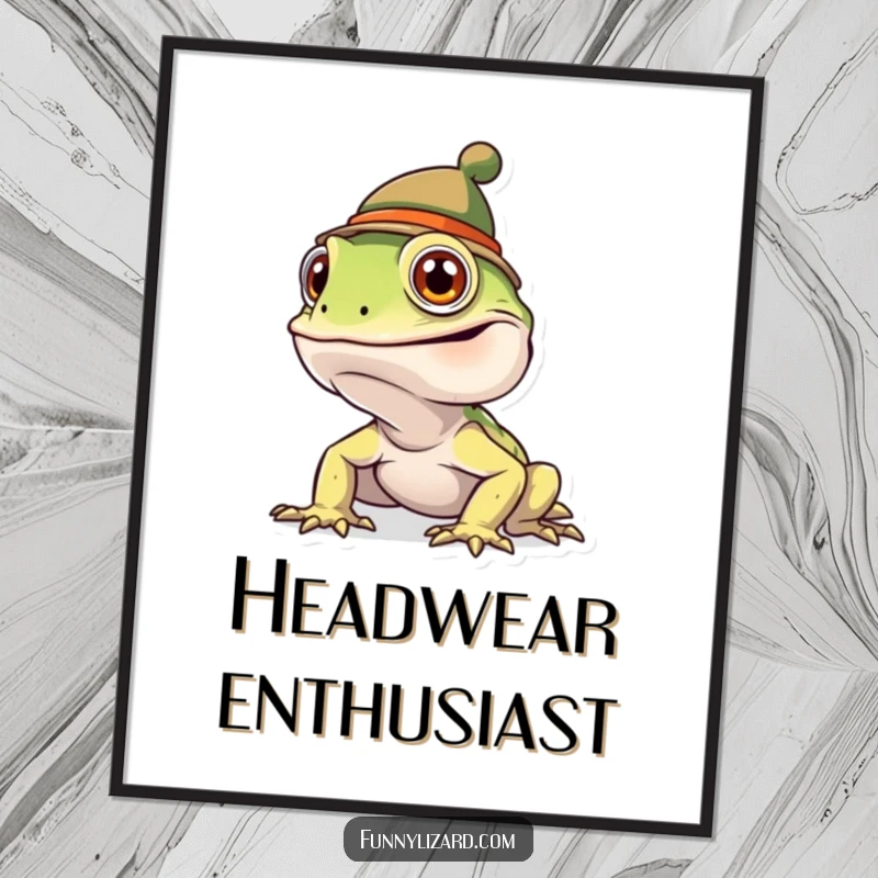 Funny goofy lizard wearing a tiny, funny hat, presented as a charming digital art print.