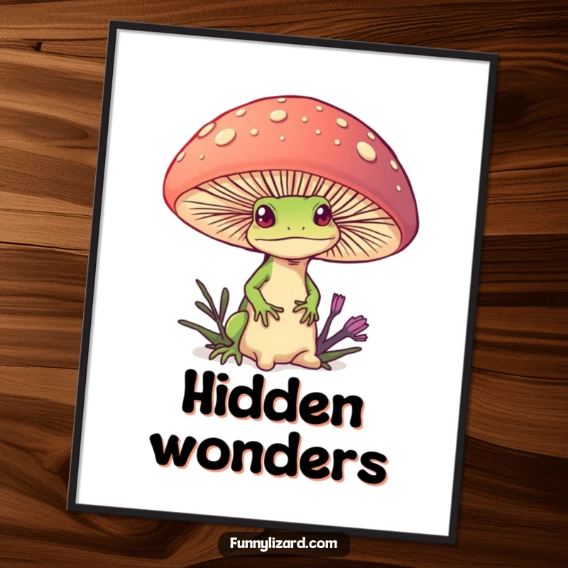 Funny digital art print of a curious lizard peeking from behind a giant, colorful mushroom, offering instant whimsical decor and humor.