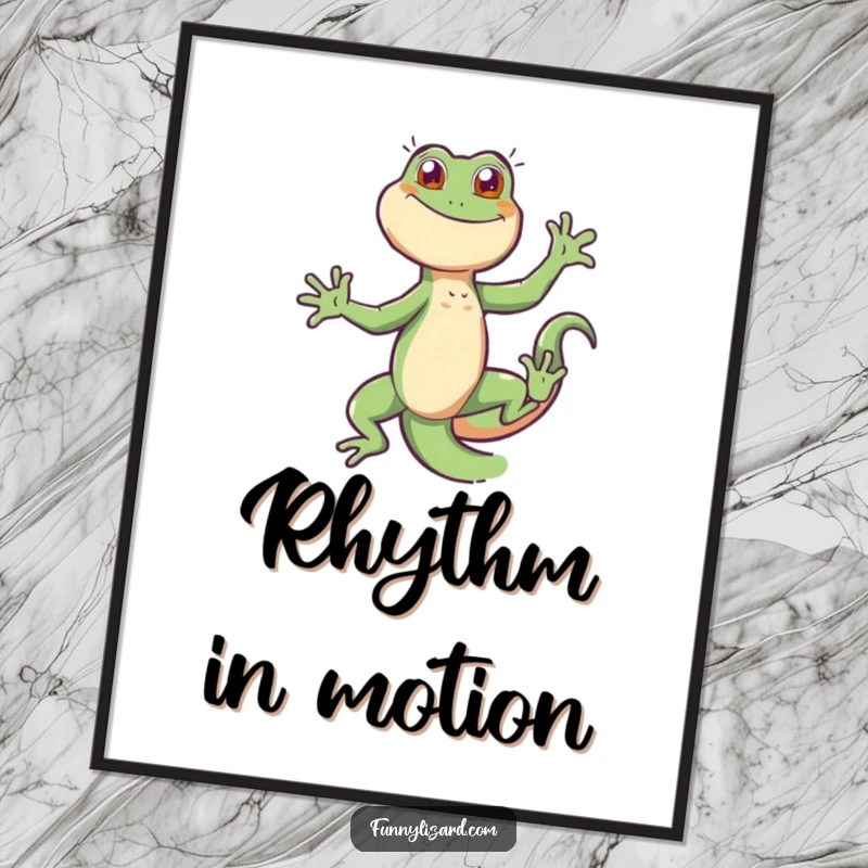 Funny energetic lizard captured mid-dance in a vibrant digital art print, bursting with personality.