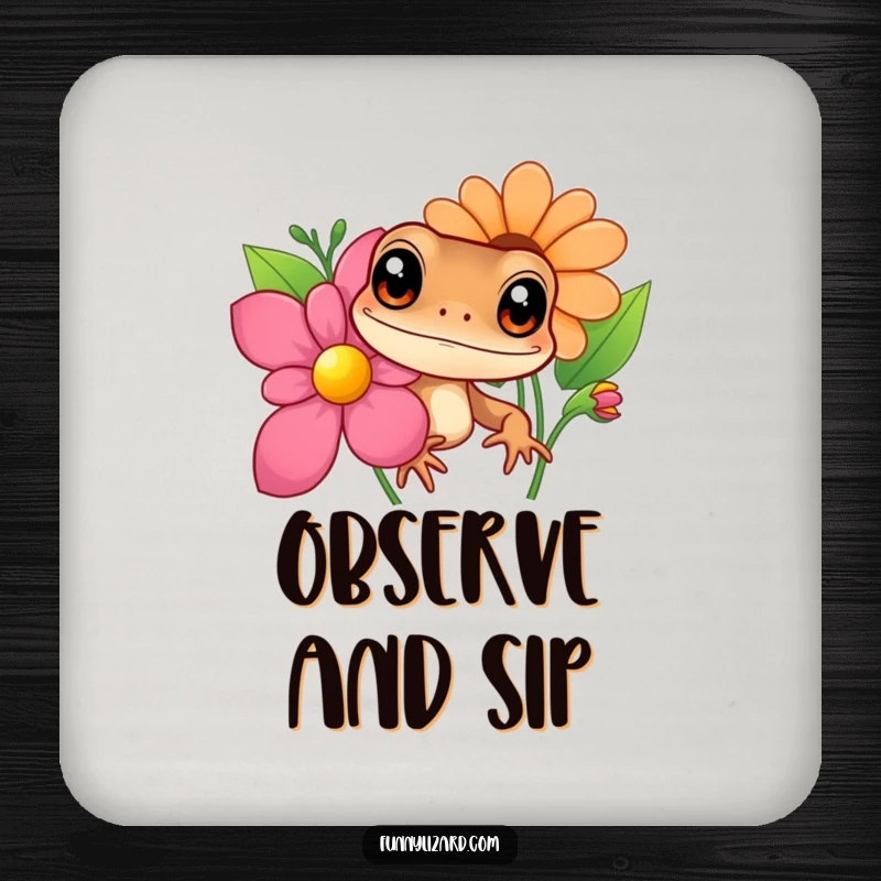 Funny brown lizard drink coaster, depicting a curious lizard with large eyes peeking from behind a colorful flower, a functional decor piece.