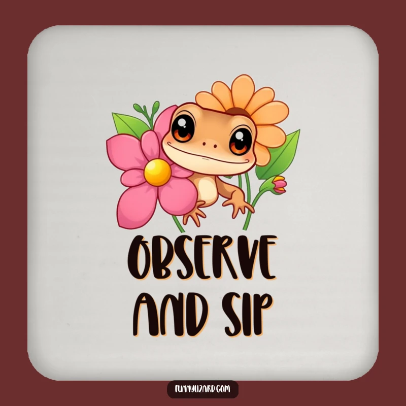 Funny Curious Lizard Drink Coaster - Big Eyes Peeking Flower Bar Decor, Unique Gift