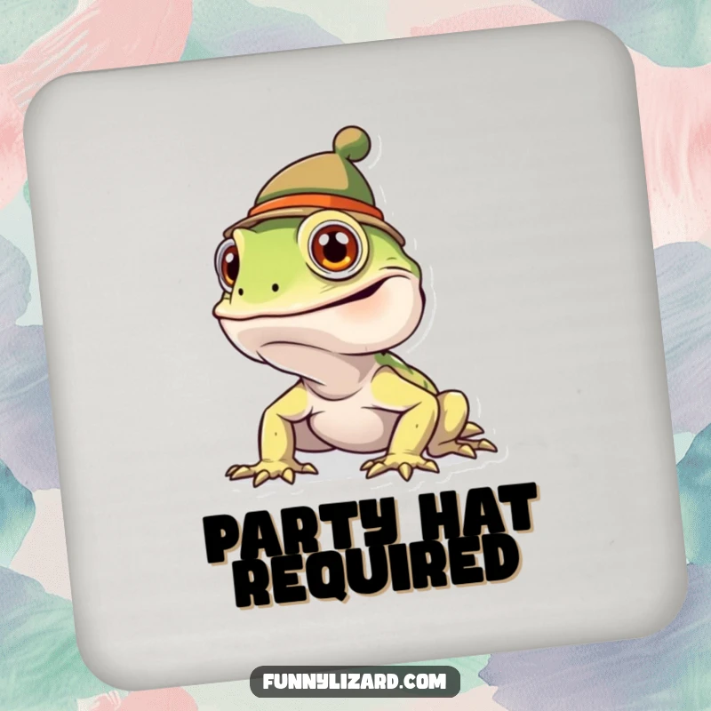 Funny goofy lizard wearing a tiny hat on drink coasters, providing humorous protection for surfaces.