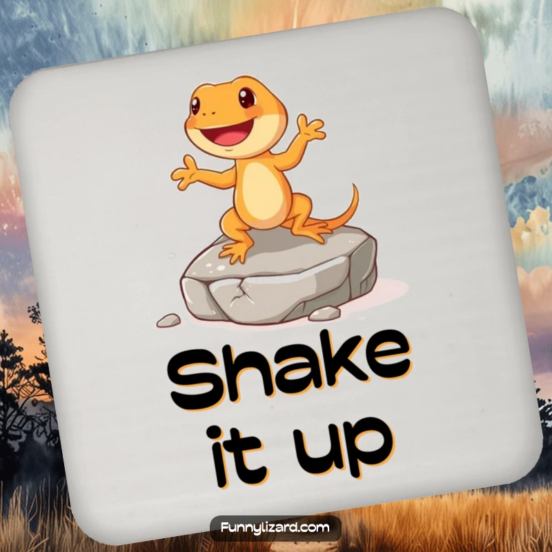 Funny orange lizard drink coaster, depicting a happy lizard with short legs doing a little jig on a rock, a cheerful accent.