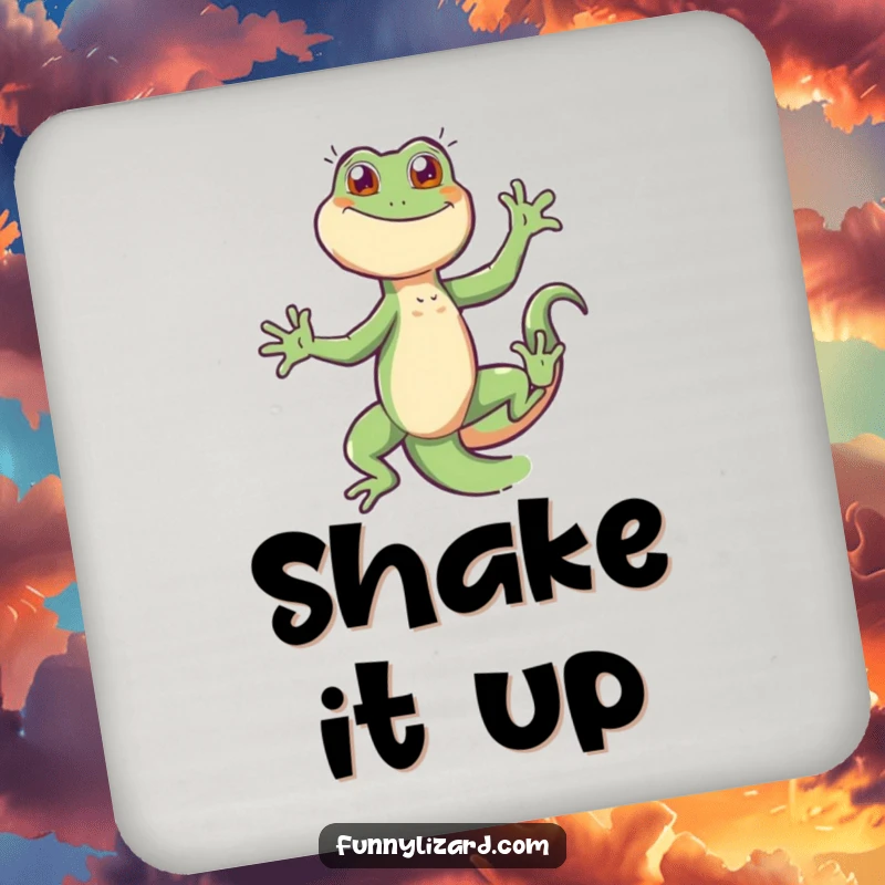 Funny energetic lizard dancing on drink coasters, adding a humorous and vibrant touch to any surface.