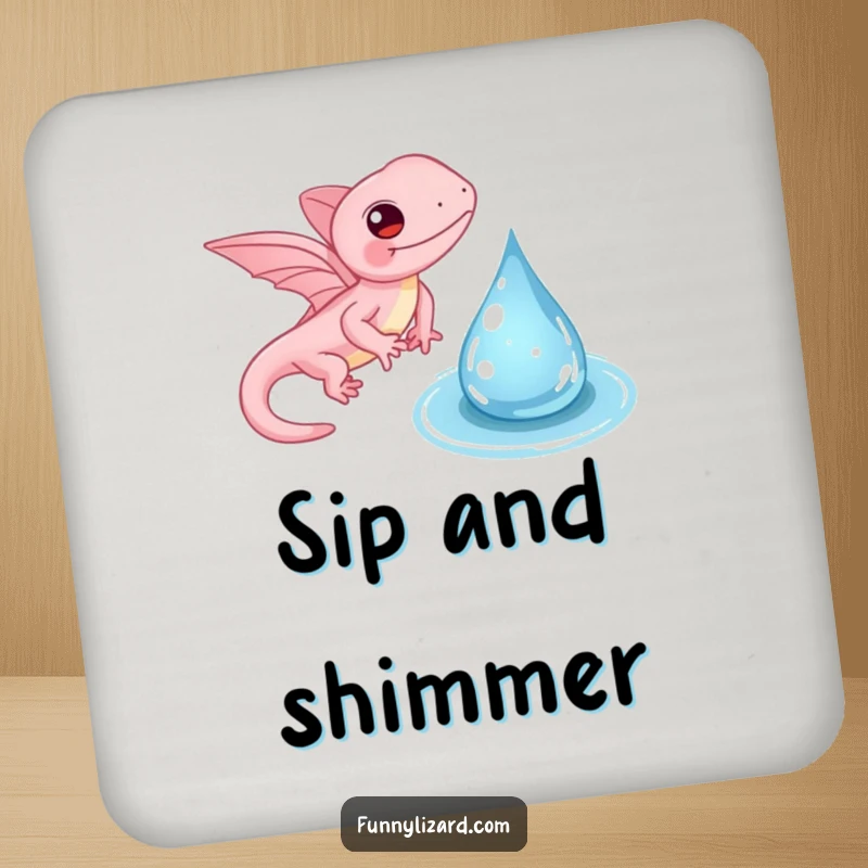 Funny pink lizard drink coaster, depicting a whimsical lizard with tiny wings gently flapping near a water droplet, a magical accent.