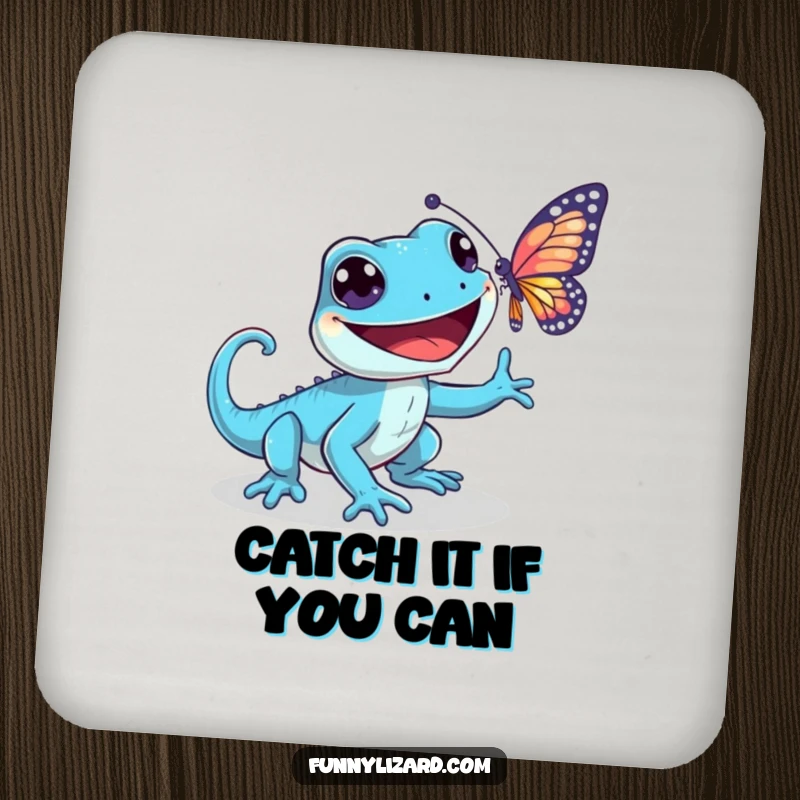 Funny blue lizard drink coaster, depicting a playful lizard with a wide grin chasing a shimmering butterfly, a fun accent piece.