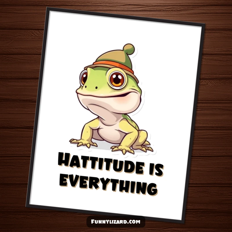 Funny goofy lizard wearing a ridiculously small hat, presented as charming wall art.